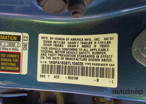 2007 Honda Civic Lx из США, поврежденный, VIN 1HGFA16587L104035